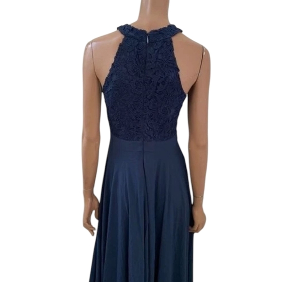 Lulu's Navy Blue Chiffon Lace Bodice Halter Gown NWT Sz L - Picture 7 of 14